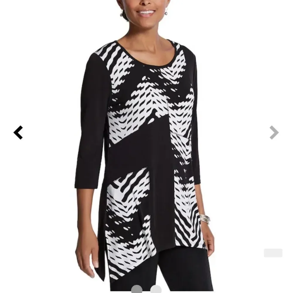 Chico’s‎ Traveler Brand Abstract 3/4 Sleeve Black and White Blouse Chicos Size 1